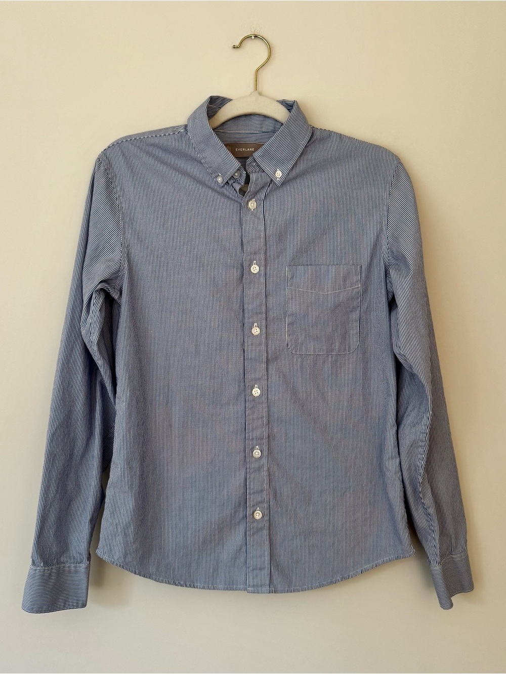 Everlane 100% Cotton Classic Oxford Button Down Top, Blue & White Pinstripe – XS